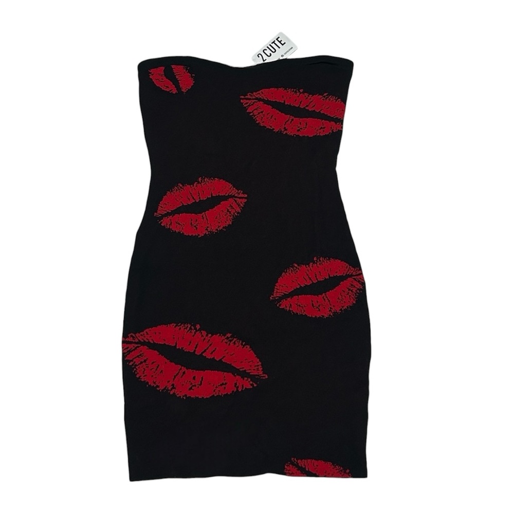 2CUTE Strapless Bodycon Mini Dress Red Lips Print Y2K Size M NWT